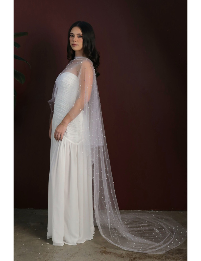 Pearl veil with pearl embellishments and trailing sheer fabric, side view styled with Elara bridal dress
