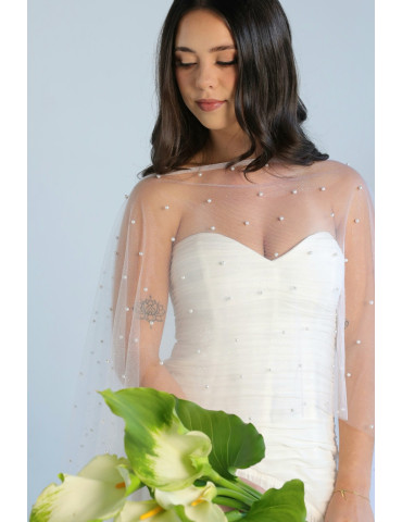 Pearl veil with pearl embellishments and trailing sheer fabric, side view styled with Elara bridal dress 2