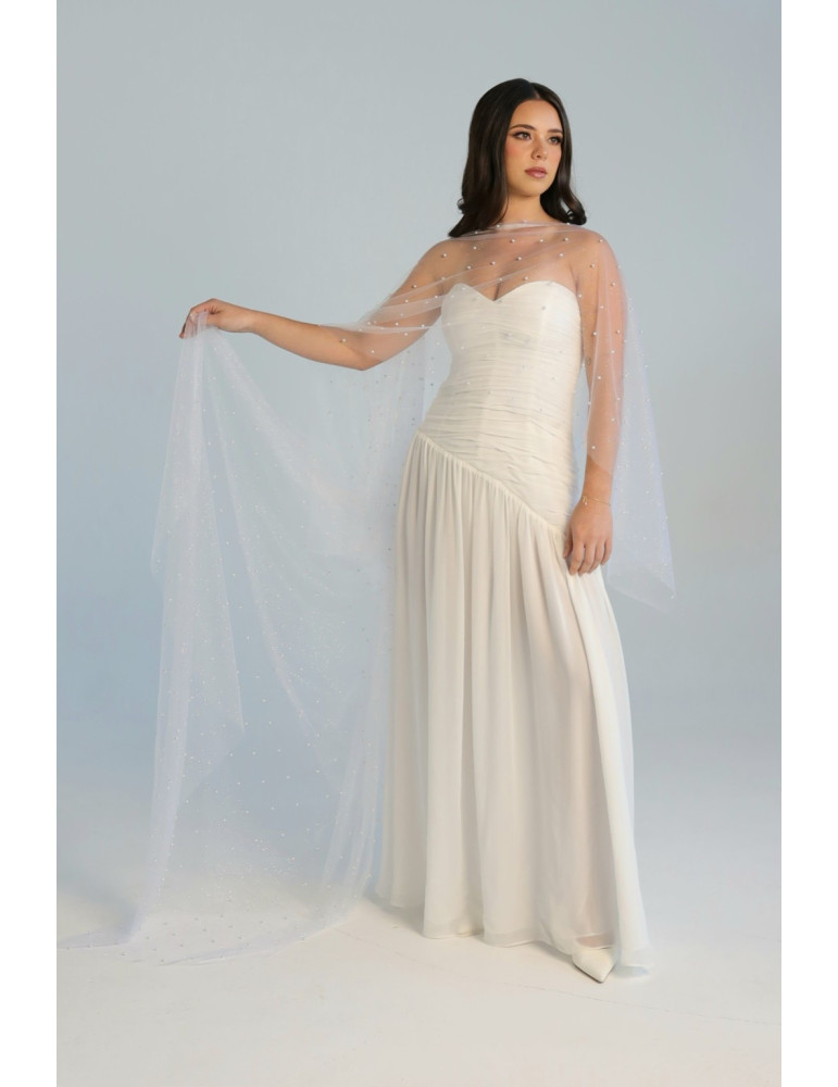 Pearl veil extended to show its full length, styled with Elara bridal dress