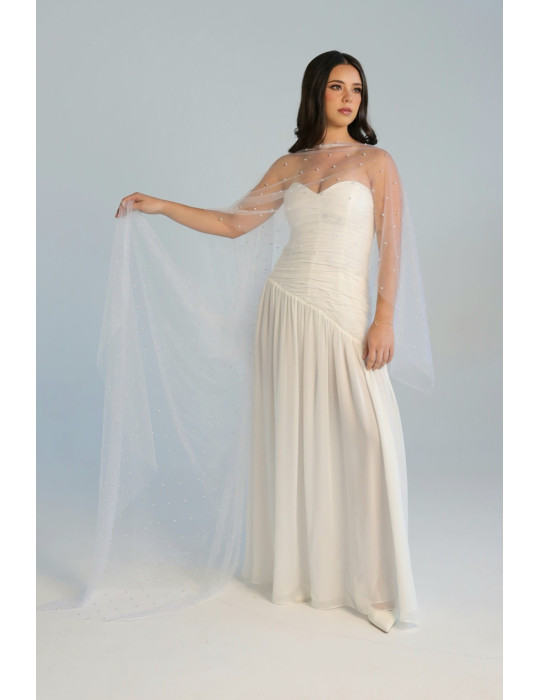 Pearl veil extended to show its full length, styled with Elara bridal dress