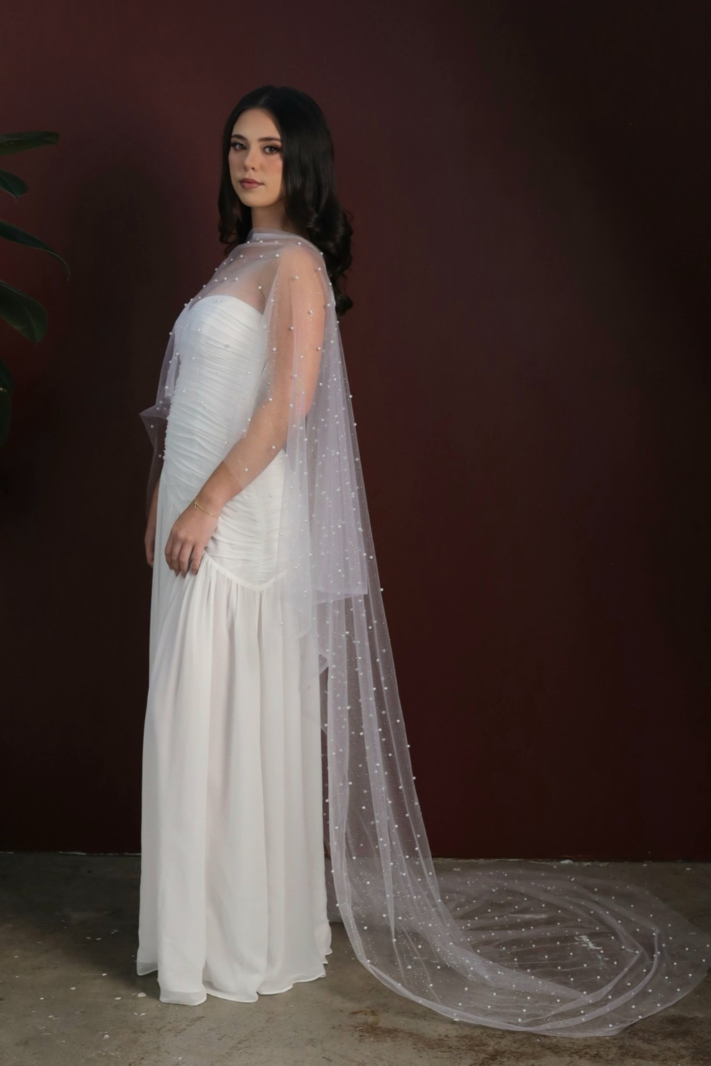 Elara bridal dress and Pearl veil, side view